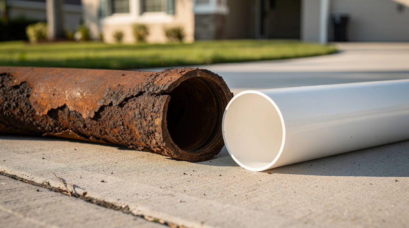 A plumber feeding a drain cable into a floor cleanout in the side yard of a South Florida home, coiled machine on the grass in afternoon light