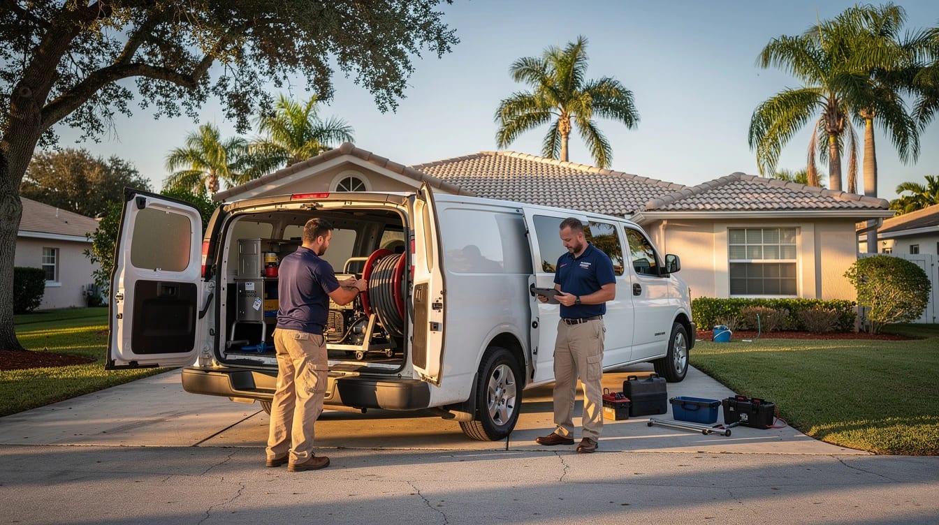 A drain inspection camera reel on the tile floor of a South Florida home with the monitor showing the inside of a pipe