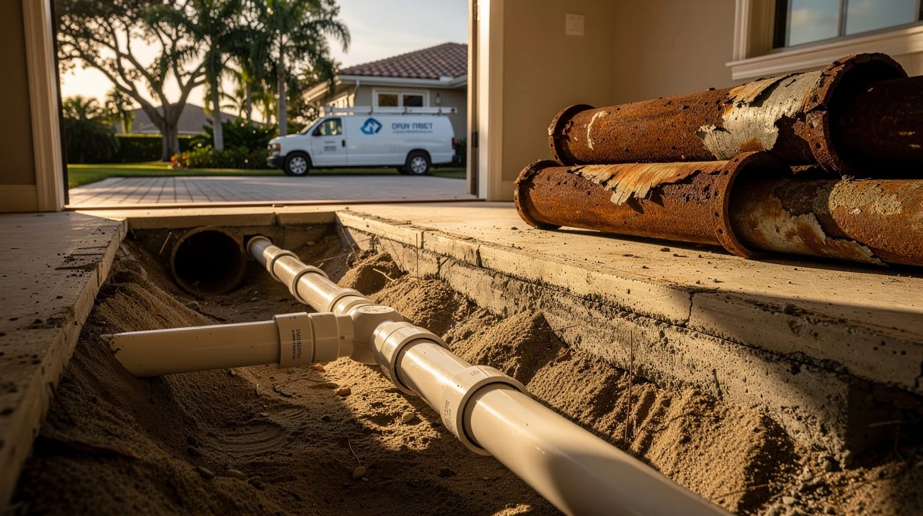 Corroded cast iron drain pipe cut out and laid beside the new PVC replacement section