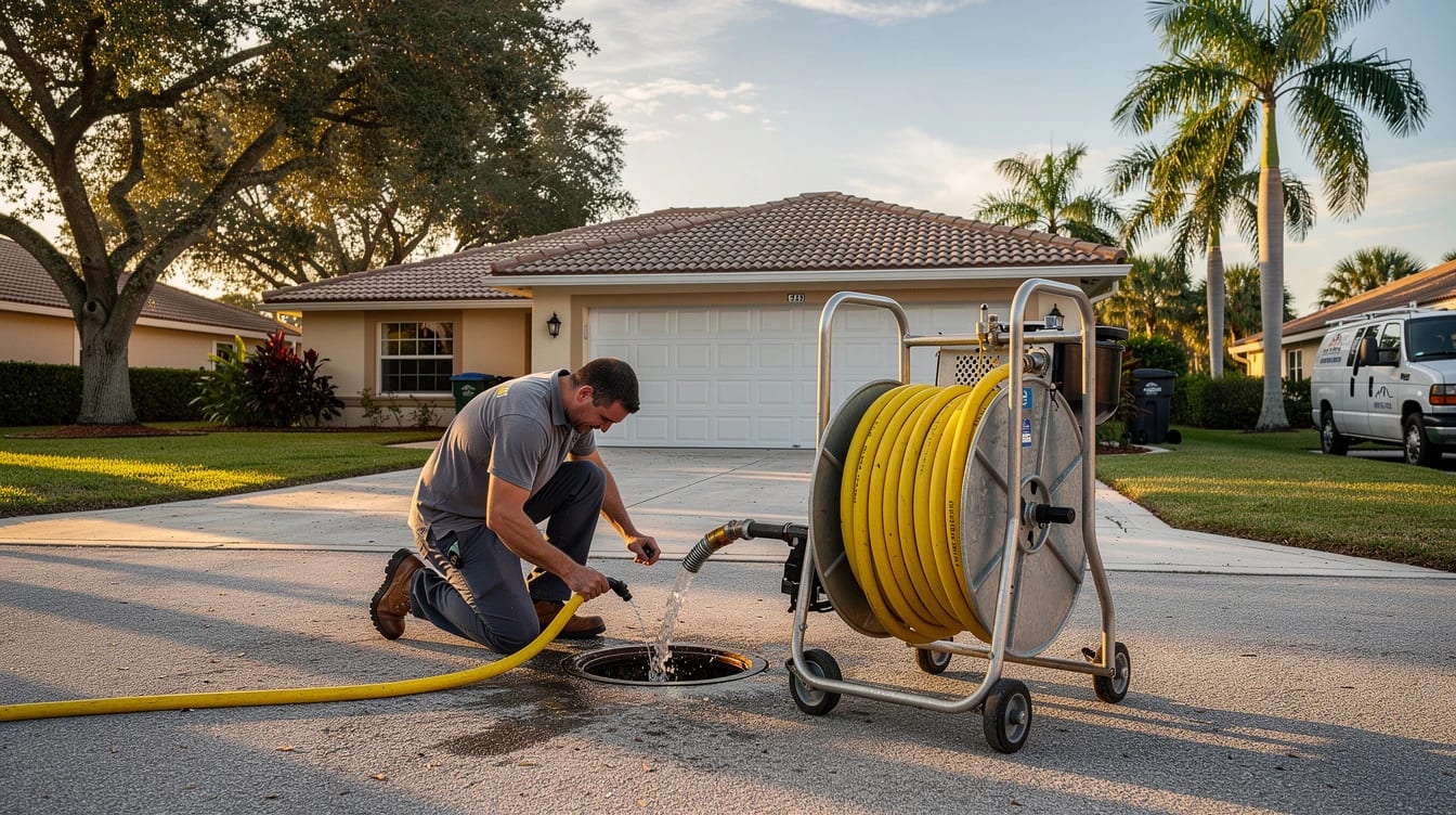 Licensed plumber working under a kitchen sink in a Cooper City home