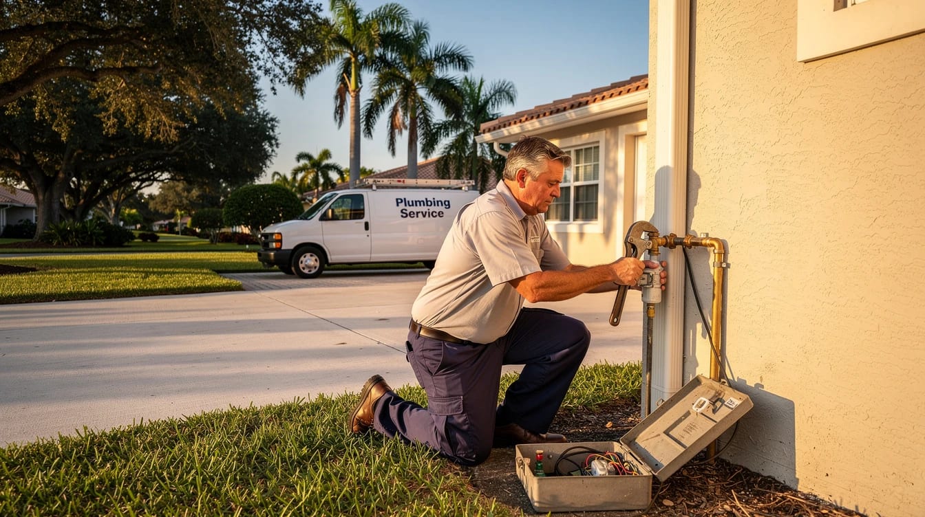 Licensed plumber in a navy work polo working under a kitchen sink in a Cooper City home