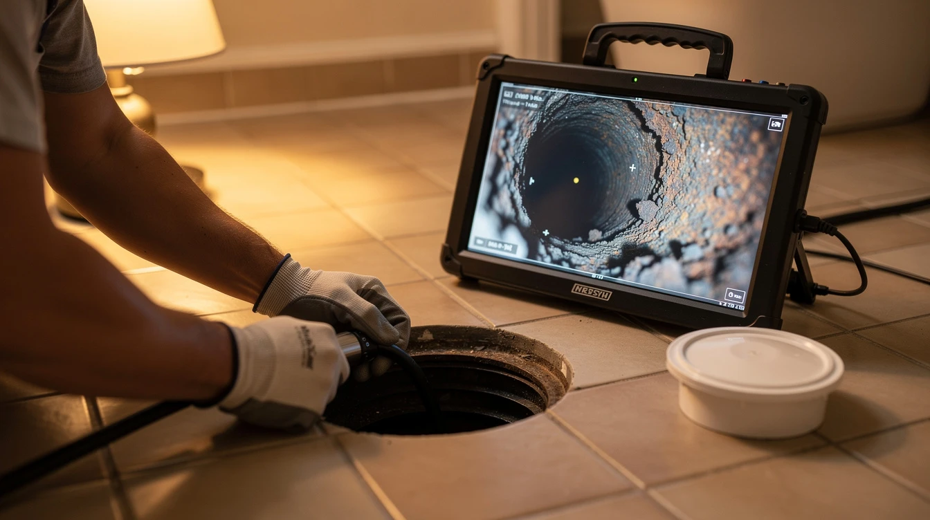 A plumber in a navy work polo kneeling beside an open sink cabinet in a South Florida home, tightening a fitting with a wrench