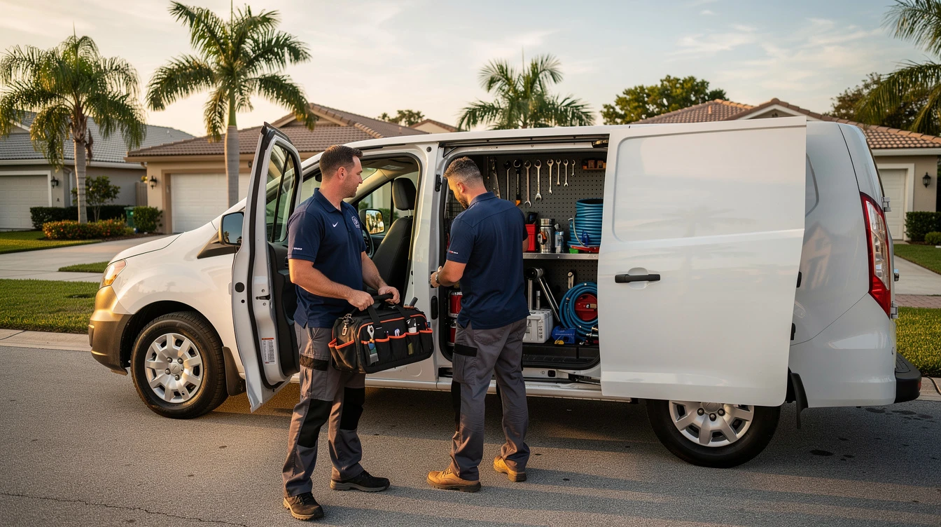 A plumber feeding a drain cable into a floor cleanout in the side yard of a South Florida home, coiled machine on the grass in afternoon light