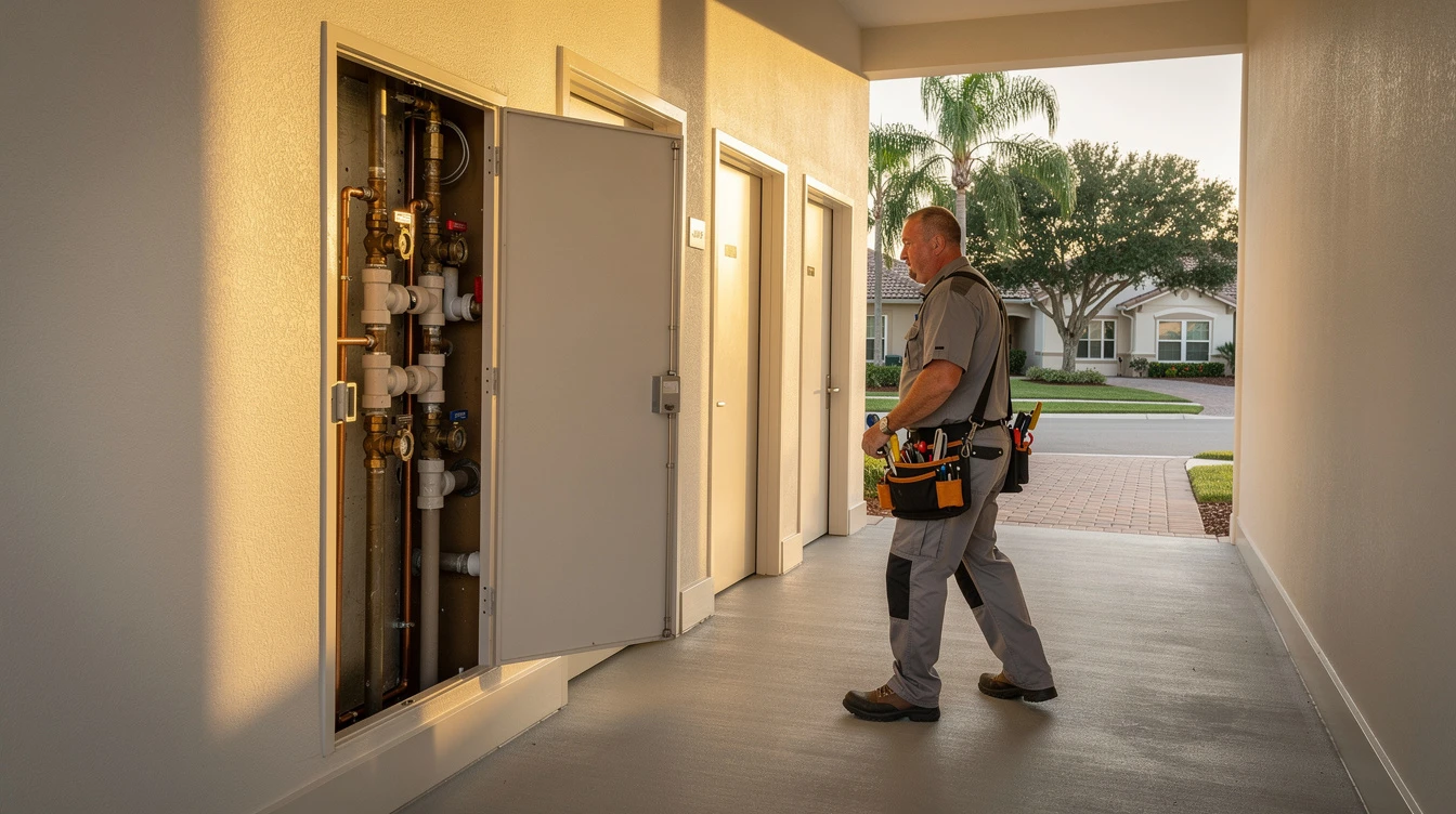 A plumber using an acoustic leak detection device against a wall in a Florida home, headphones on, concentrating