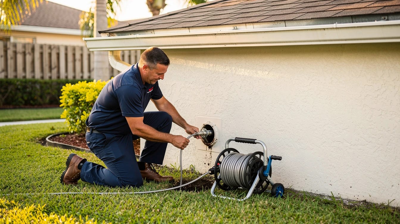 Licensed plumber working under a kitchen sink in a Cooper City home