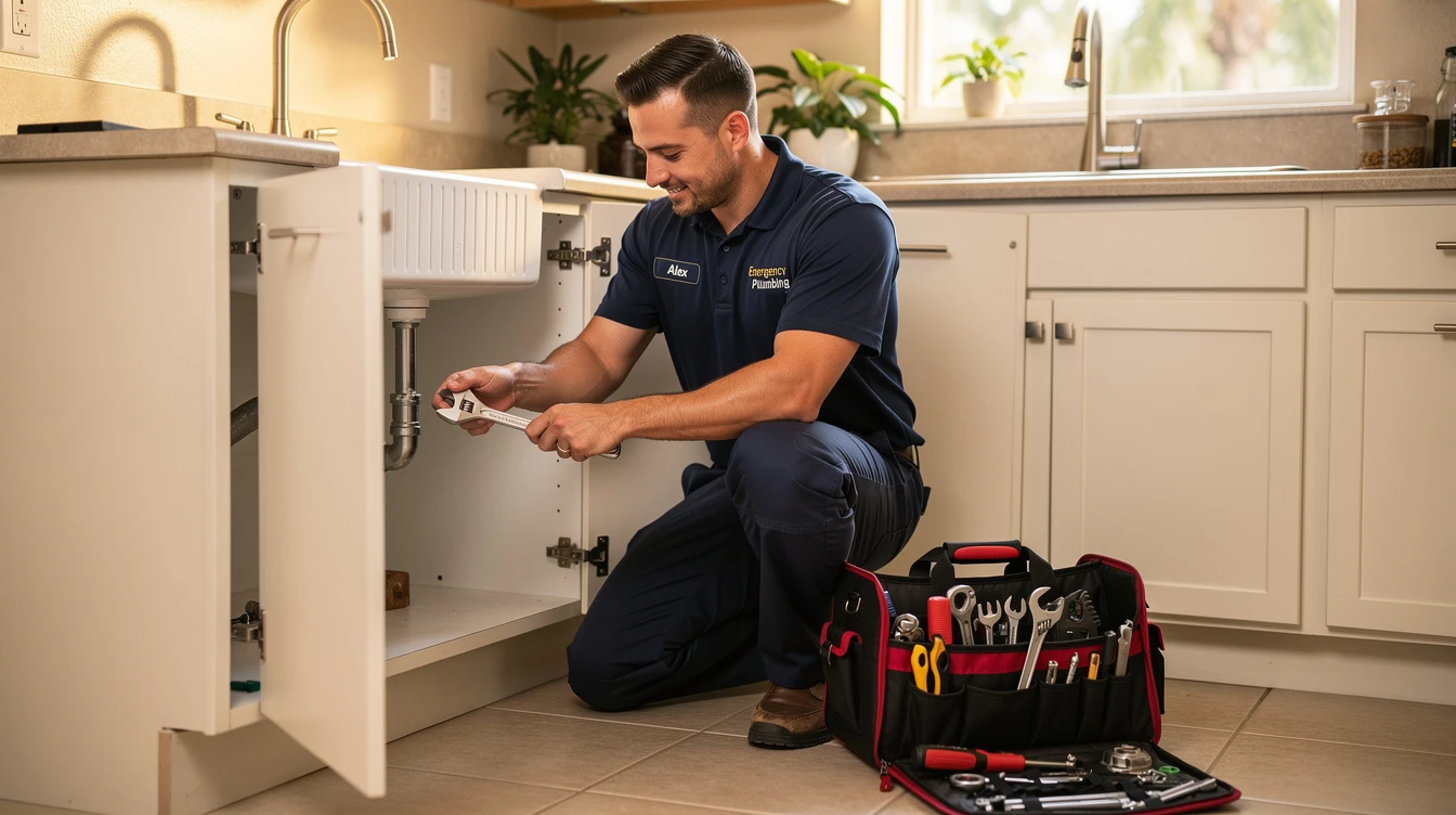 Two plumbers in navy work polos loading tools into a white service van outside the Davie yard