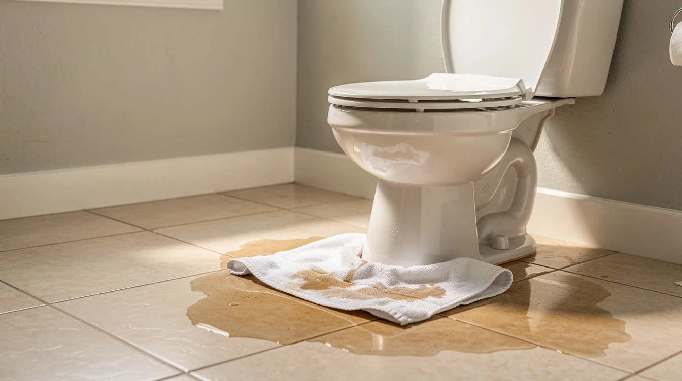 Water pooling on the tile floor of a South Florida bathroom around the base of a toilet, a towel placed to contain it in daylight