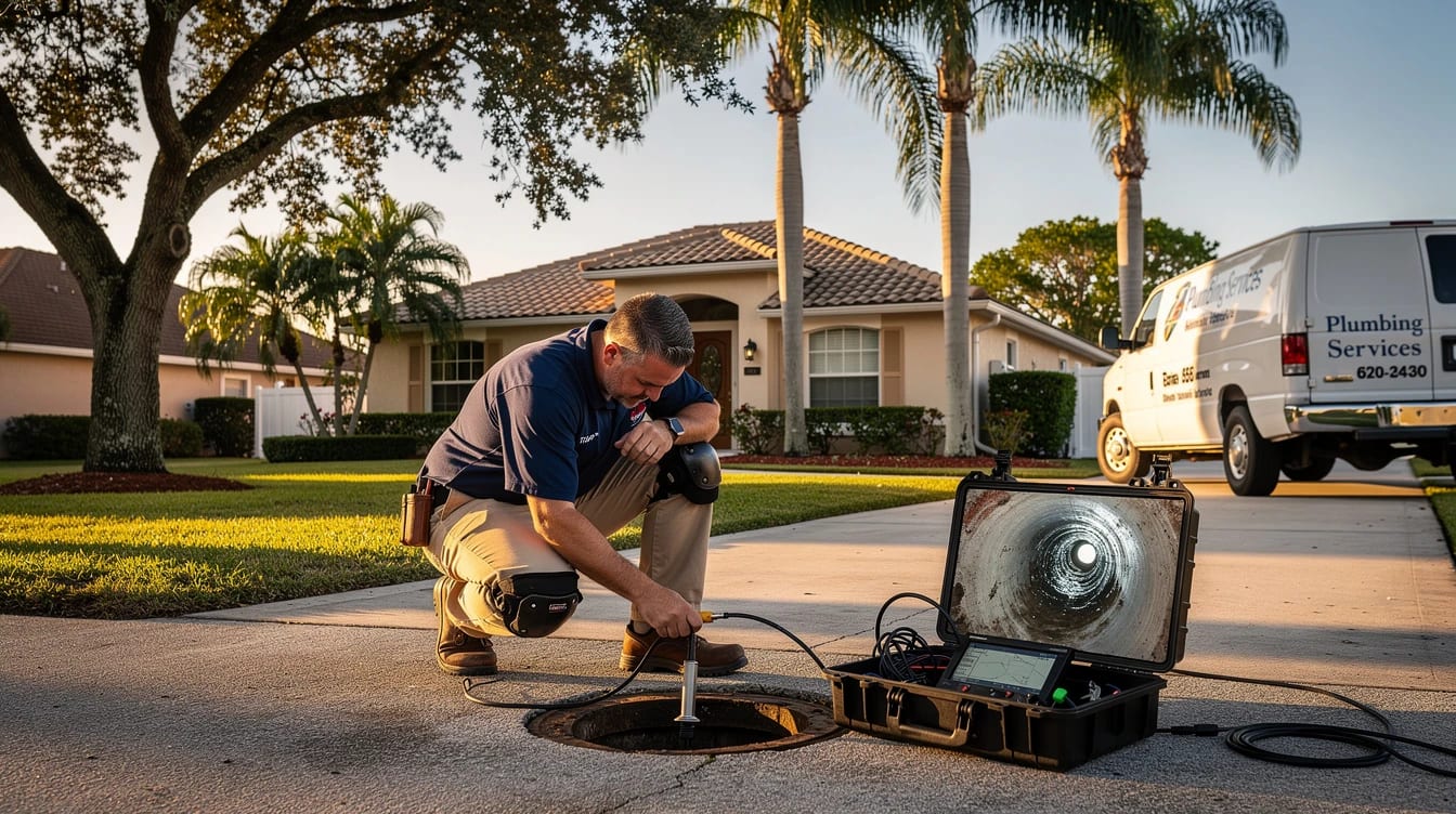 A hydro jetting machine with its hose reel set up on the driveway of a South Florida home, technician handling the jetter hose