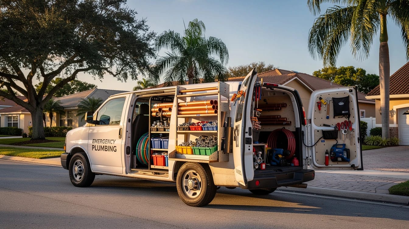 Cooper City Emergency Plumbing crew loading tools from the truck before a call in Miramar, Florida