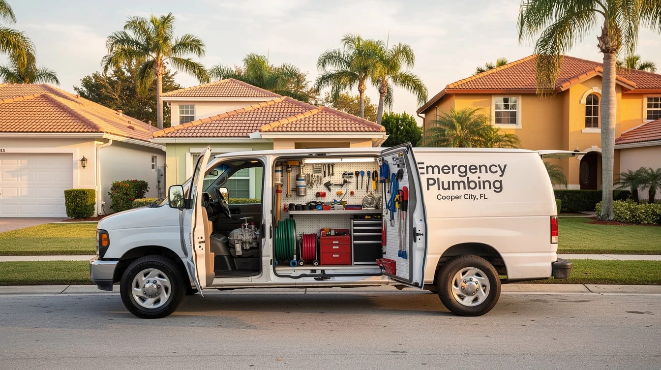 Cooper City Emergency Plumbing service van parked on a residential street in Cooper City, Florida, side doors open showing tools and fittings